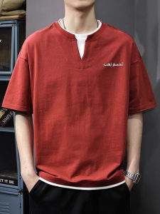 Summer New Mens Short Sleeve T-Shirt Fake Two-Piece Casual Style Breathable Cotton round Neck Loose Fit Fashionable Top