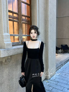 ชุดเดรสยาวทรงเอเอวสูงสีดำสไตล์ Hebe สำหรับวันเกิดในฤดูใบไม้ร่วง ชุดราตรียาว สไตล์ฝรั่งเศส ดีไซน์เก๋ไก๋ กระโปรงยาวคลุมเข่า