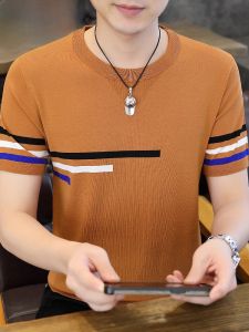 HENGYUANXIANG | Hengyuanxiang Ice Silk Stripe Short Sleeve Mens T-shirt Casual Breathable Knitted Summer New Style Base Layer Sweatshirt