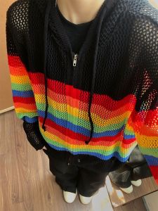 Màu cầu vồng bị chặn sọc rỗng Áo cardigan dệt kim rộng vừa vặn chống dopamine