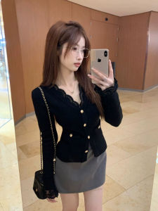 Black Lace V-neck Sweater Cardigan Womens Autumn Winter Short Knitted Top Inner Wear Commute Style Korean Fit Button Detail