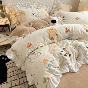 Cartoon Milk Velvet Four Piece Set Double Sided Flocking Bedding Coverlet Duvet Protector Dormitory Three Piece Set Warmth Retention