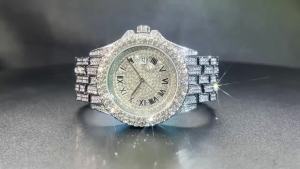 Đồng Hồ Nam Mạ Vàng Cao Cấp Phong Cách Hip Hop Toàn Bộ Mặt Số Đính Đá Máy Quartz Chống Nước Dây Thép Không Gỉ Hiển Thị Ngày Và Số La Mã