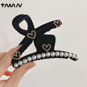 กิ๊บติดผมลายฉลามสีดำขนาดใหญ่ ทรงหัวใจประดับคริสตัล ผ้ากำมะหยี่ แฟชั่นฤดูใบไม้ร่วง/ฤดูหนาว กิ๊บติดผมแบบหน้าม้า