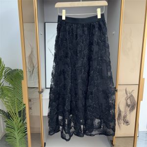 Elegant High Waist Elasticated Skirt with Embroidered Netting A-Line Midi Skirt for Women Commute Style Solid Color