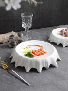 Pure White Ceramic High Footed Plate for Cold Dish Display Irregular Shape Western Dinner Plate round Cake Plate High round Table Plate