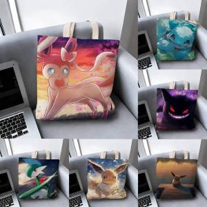 Bandai | Pokemon Johto Starters Storage Bags Tote Bag Travel Summer Beach Shoulder Bag Reusable Grocery Shopping Bag Anime Artwork