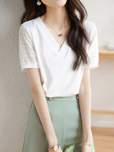 Elegant V-Neck Short Sleeve T-Shirt Womens Top Summer New Design Chiffon Splicing Cotton Fabric Princess Style Straight Cut