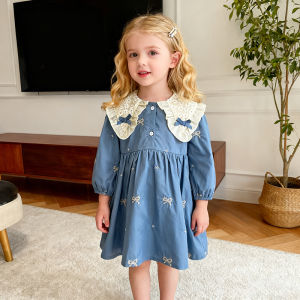 2026 New Spring Autumn Blue Sister Clothes Girl Party Dress 0-24M Long Sleeved Bow Cotton Embroidery Romper 2-6Y Kid Bow Dress