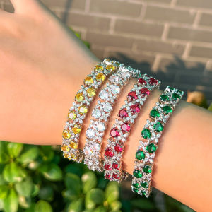 SEQUITO เครื่องประดับแฟชั่นผู้หญิงราคาแพง เครื่องประดับชูบเงิน เต็มรูปแบบ สีเหลือง ขาว แดง เขียว รอบ AAA พชรสังเคราะห์ สำหรับการเลี้ยงกำไล B171