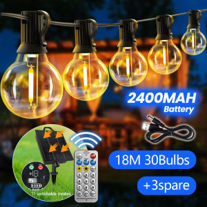 NEWSTYLE | Solar String Lights Outdoor with Remote & USB Port IP65 G40 Bulbs 2400mAh Dimmable&Timable 11 Modes Patio Lights Solar Powered