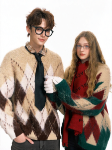 BJHG | Áo Sweater Knit Vintage Họa Tiết Caro Mùa Đông