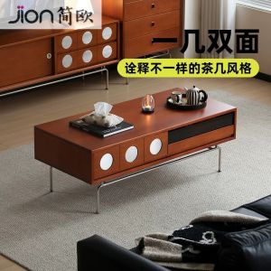 Retro Solid Wood Tea Table Small Apartment Storage Cabinet Stainless Steel Foot TV Combination Cabinet Storage Placement Cabinet