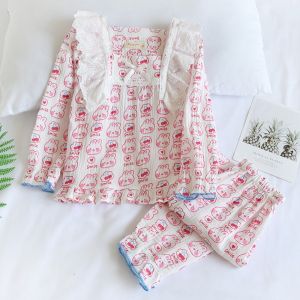 Cotton Pajamas Set for Girls Spring Summer Thin Cotton Gauze Bubble Cotton Rabbit Cartoon Design Breathable Air Conditioning Suit