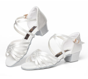 White Professional Latin Childrens Womens Soft Sole Training Low Heel Dance Shoes