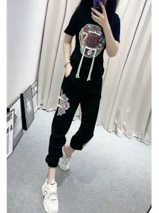 Fashionable Short Sleeve Embroidered Set Womens plus Size Slimming Top And Trousers Two-Piece Suit Summer 2025 Polyester Fiber round Neck