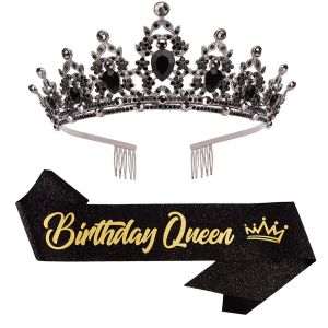 Baroque Rhinestones Birthday Queen Sash Ribbon Crown Tiara Headbands Sash with Pin Happy Birthday Party For Women And Girl