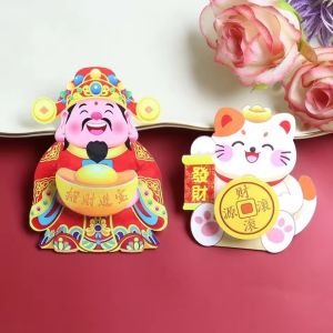 1/2Pcs Funny Rotatable New Year Magnetic Freezer Sticker Cartoon Lucky Cat God of Wealth 3D Refrigerator Sticker