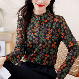 เสื้อเชิ้ตคอตั้งหลวมๆ สำหรับผู้หญิง ฤดูใบไม้ร่วง/ฤดูหนาว 2024 แฟชั่นลดอายุ คุณภาพเยี่ยม ผ้าเดอร์โมลิน ลายดอกไม้