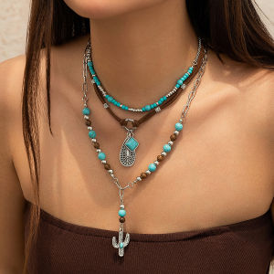 Bohemian Style Turquoise Necklace For Women Charm Niche Stacked Bead Pendant Collarbone Chain Girls Fashion Jewelry Accessories