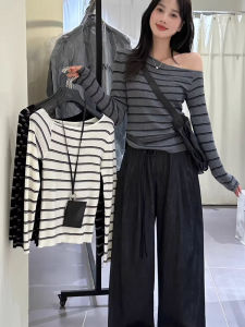 เสื้อสเวตเตอร์ถักแขนยาวทรงสลิมฟิตสไตล์เกาหลีสำหรับผู้หญิง ฤดูใบไม้ร่วง 2025 ทรงหลวม ไม่สมมาตร ลายทาง คอวี แขนยาว ปกติ