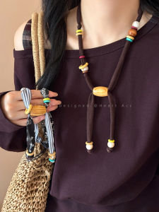 Creative Patchwork Coffee Beaded Fabric Necklace Womens Unique Design Hanging Neck Sweater Chain Accessory Fresh Outlined