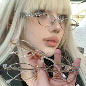 Oval Shades Rhinestone New Sunglasses Bling Eyeglasses Frames Clear Lens Small Round Women Men Metal Retro Diamond Frame Eyewear