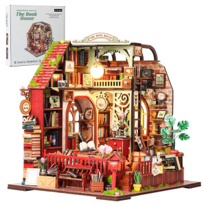 UKIBLOKS DIY Miniature Cottage House Assembled Building Model with Lights 3D Wooden Puzzles Desktop Library Decoration Toy Gifts