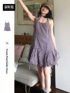 SUSIEYUAN | French Style Purple Plaid Mini Dress Womens Summer New Fashion Beautiful Flower Bud Short Skirt Strapless A-Line Dress