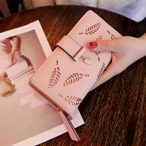 Womens Long Leaf Bifold Wallet Leather Card Holder Purse Zipper Buckle Elegant Clutch Wallet Handbag for Women