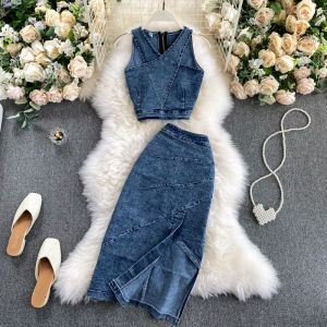 2020 Mới Denim Nữ Bộ Áo Vest Ngắn Tay Cao Cấp Giảm Béo Trái Tim Máy Mở Rỗng Nửa Váy