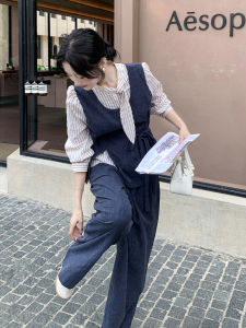 Fashionable Striped Wide Leg Pants Two Piece Set Womens Autumn New Style Artistic T-Shirt And Pants Ensemble Casual Commute