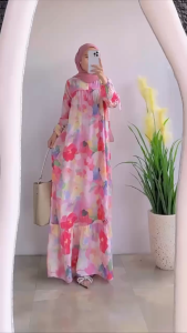 Dress kenkei gamis rayon motif bunga dress daily terbaru lengan balon