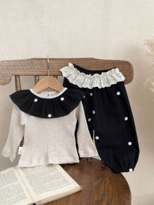 Spring Autumn Baby Girl Long Sleeve Embroidered Floral Collar Base Shirt Trousers with Cuffs Cotton Casual Wear for Kids