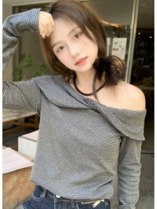 YUEZHONGWEI | Off-Shoulder Twist Color Block Striped Long Sleeve T-Shirt Slim Fit