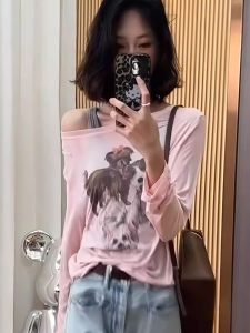 Korean Style Long Sleeve Loose T-Shirt Womens Fashion Summer New Lazy Casual Versatile Top Cartoon Collar Open Shoulder