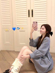 Elegant Plaid A-Line Long Dress Slimming Waist Long Sleeve Beach Dress YANGRUOYU Yangyang Moonlight Spring Commute Style Cotton