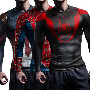 เสื้อสําหรับชายแขนยาวการ์ตูน Spider คอสเพลย์เสื้อยืด Superhero TOP ยืดหยุ่นฟิตเนส Sportwear ฟิตเนส TOP เสื้อผ้า