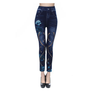 Quần Legging Denim Giả Họa Tiết Hoa Cotton Ôm Vừa Vặn Cho Nữ Quần Dài Đến Mắt Cá Chân Thường Ngày Mùa Xuân