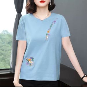 Baju-T wanita lengan pendek kapas tulen bersulam untuk ibu pertengahan umur dan warga emas musim bunga baru berleher V kecil kasual