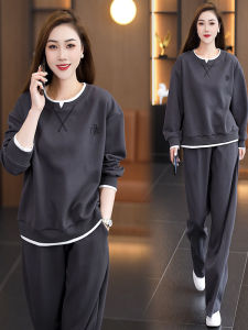 Fashionable Sportswear Set for Women round Neck Sweatshirt Wide Leg Pants Two Piece Suite Casual Autumn Wear Age Defying