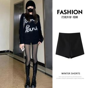 Black Fleece Lined Thickened Womens Suit Shorts Autumn Winter Bootie Pants High Waist Zipper Casual Bottoms Hot Pants