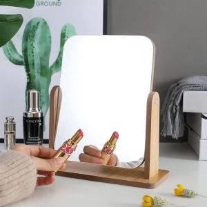 Wooden Desk Mirror,Minimalistic Foldable Korean Style Portable High-Definition Wood Desktop Makeup Mirror Rotating Dressing 360 Degrees for Student Dormitory Desktop Office Bathroom Living Room