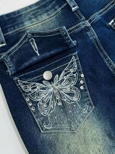 Fashion Y2k Jeans For Woman Blue High Waist Flared Denim Pants With Embroidery Vintage Retro Style 2025 Trendy Collection