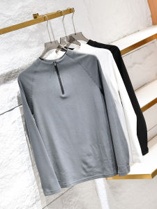 เสื้อยืดคอกลมแขนยาวผ้าเดนิมสองด้านสำหรับผู้ชาย แฟชั่นฤดูใบไม้ร่วง/ฤดูหนาว เสื้อชั้นในแบบมีซิปครึ่งตัว อบอุ่นสบาย