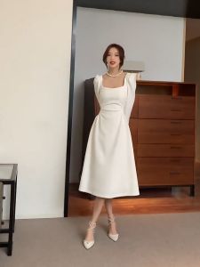 simple white long dress formal fitted long sleeve dress for women casual korean elegant dress plus size puff sleeve square neck plain debut trendy cocktail dress graduation