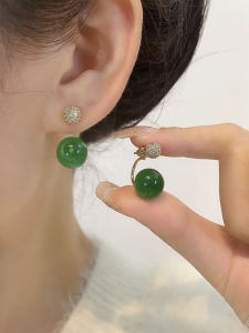 Green Front and Rear Wear Ball Bead Earrings Accessible Luxury Fancy Stud Earrings Niche Style Graceful Earrings Female 2024 New Arrival Best Selling