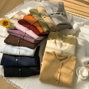 Áo Len Cardigan Màu Đỏ Cho Nữ Dáng Rộng Cổ Tròn Phong Cách Hàn Quốc Thời Trang Xuân Thu Áo Khoác Ngoài Dệt Kim Thường Ngày