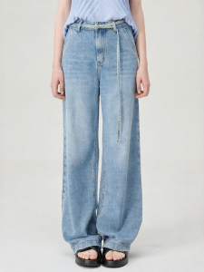 Summer Vintage Blue Straight Leg Trousers with Belt for Women