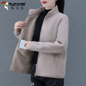 Womens Double-Sided Fleece Jacket Thickened Lamb Velvet Outerwear Warm Commute Style Zipper Pocket Long Sleeve Short Coat